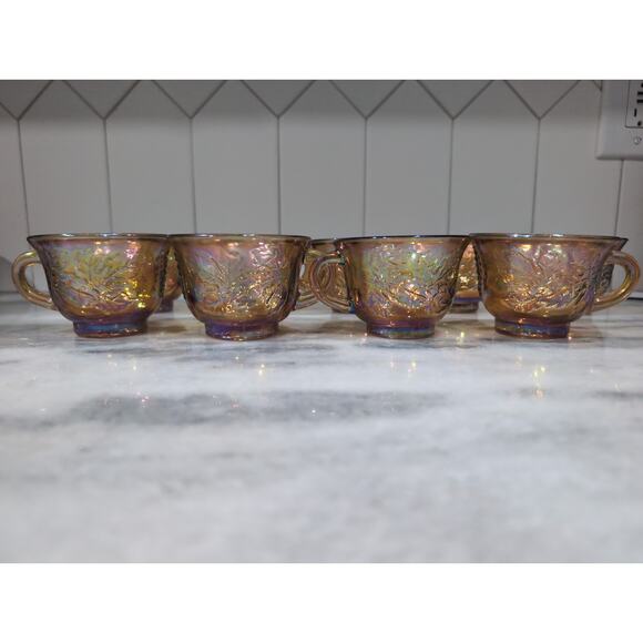 Harvest Grape Carnival Glass Punch Cups, Set of 9 Vintage Indiana Marigold Cups - Picture 8 of 11
